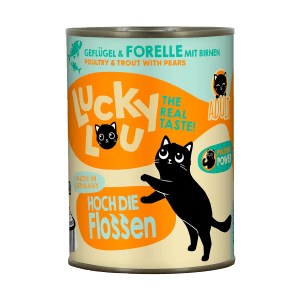 Lucky Lou Katzen-Nassfutter Adult Geflügel & Forelle, Dose mit Katzenmotiv.