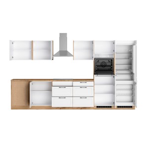 Helle Winkelküche Kempten in Weiß/Wotan Optik mit E-Geräten und Edelstahl Kaminhaube.