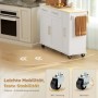 Weiße HOMCOM Kücheninsel aus MDF mit ausklappbarer Platte, Schubladen, Schrank, Handtuchhalter und Rollen für Mobilität.