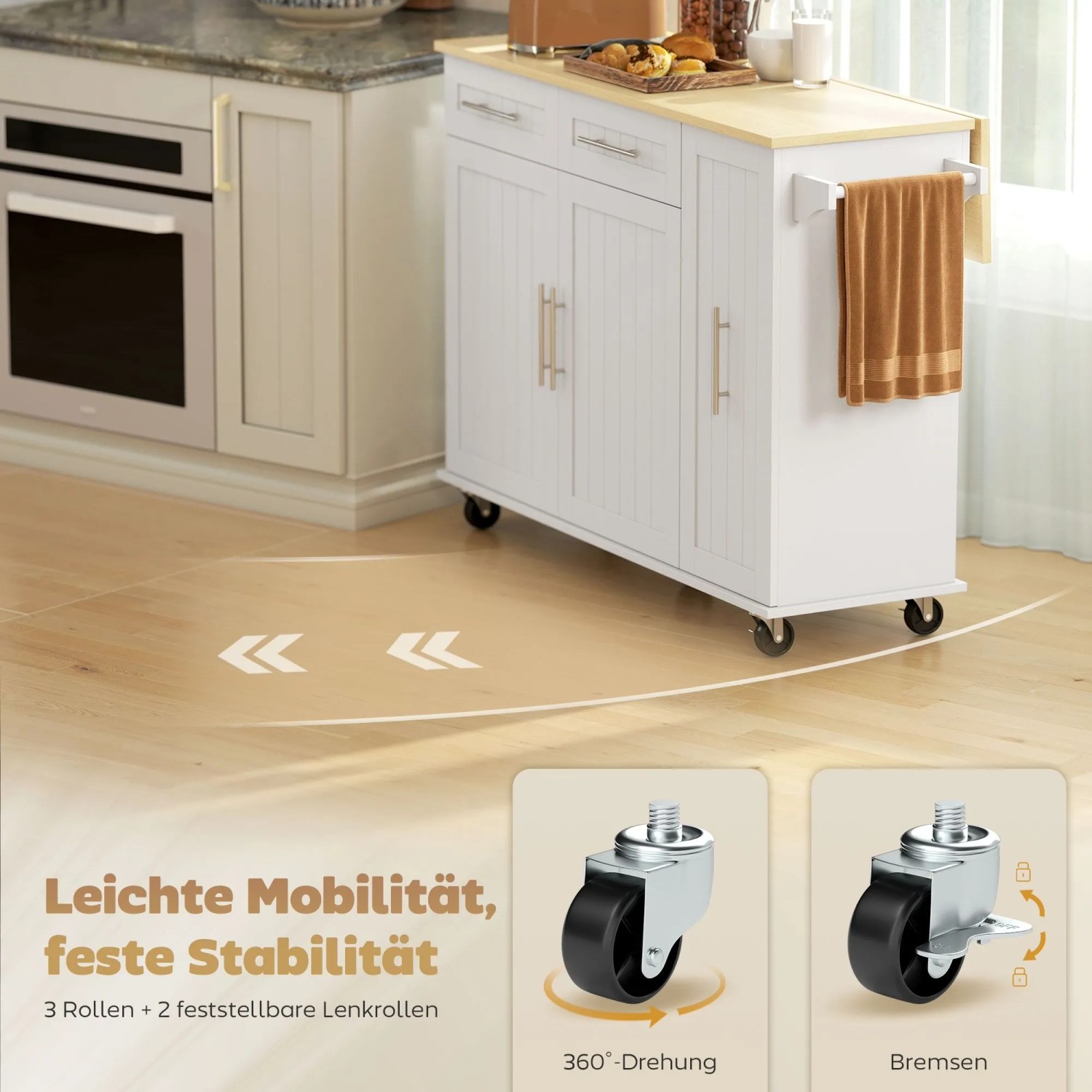 Weiße HOMCOM Kücheninsel aus MDF mit ausklappbarer Platte, Schubladen, Schrank, Handtuchhalter und Rollen für Mobilität.