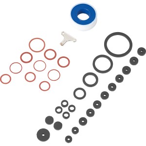 34-teiliges Dichtungs-Set für Küche und Bad mit Dichtungen in Rot und Schwarz, Teflonband und Schlüssel.