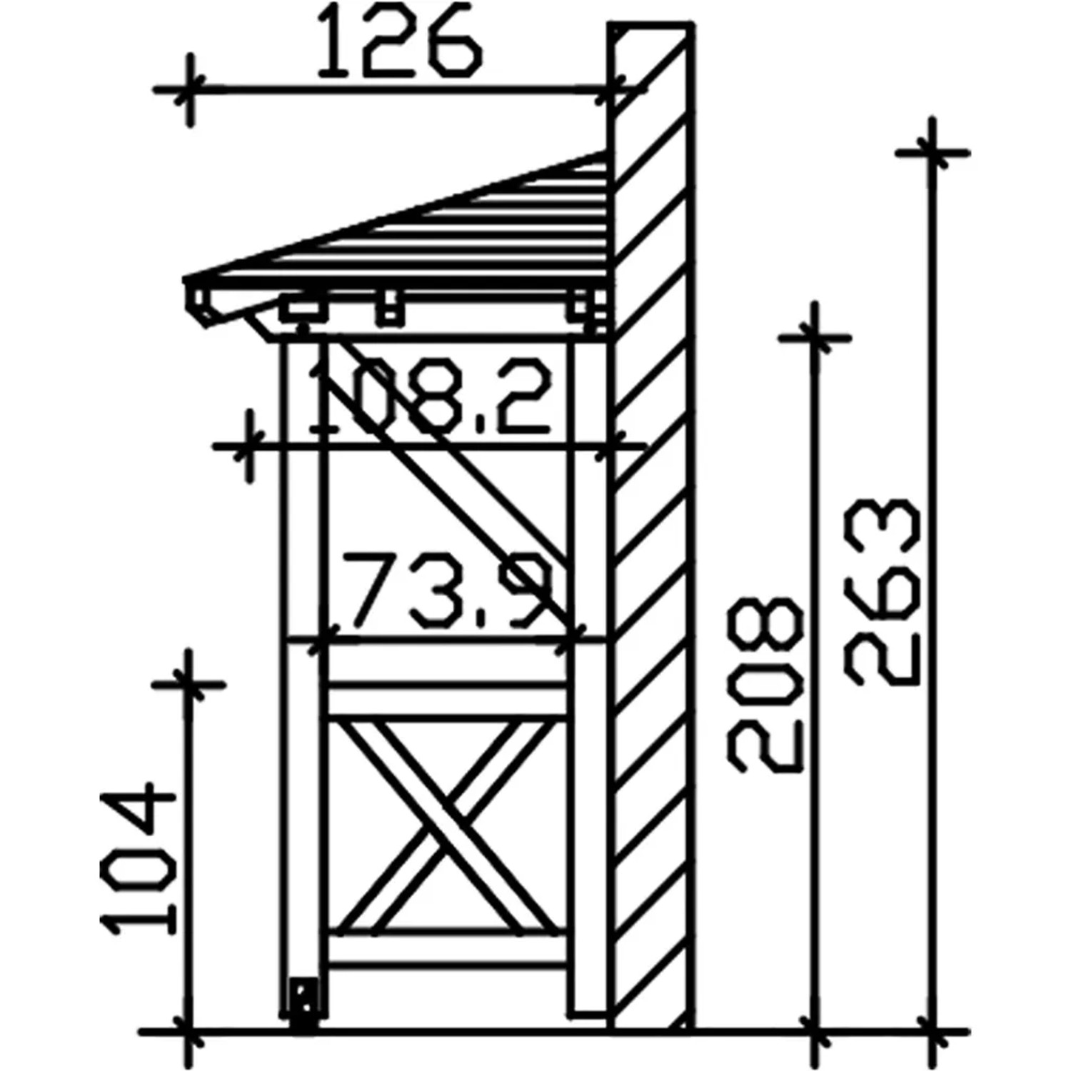 Technische Zeichnung: Skan Holz Vordach Wismar 3, weiß lasiert, 258x126 cm, Maße und Details.