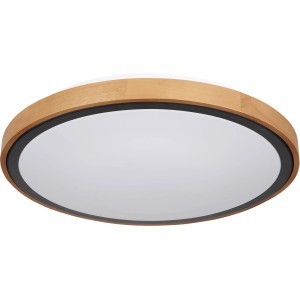 Runde LED-Deckenleuchte Bruno mit Holzrahmen und schwarzem Rand. Moderne Deckenlampe für Innenräume.