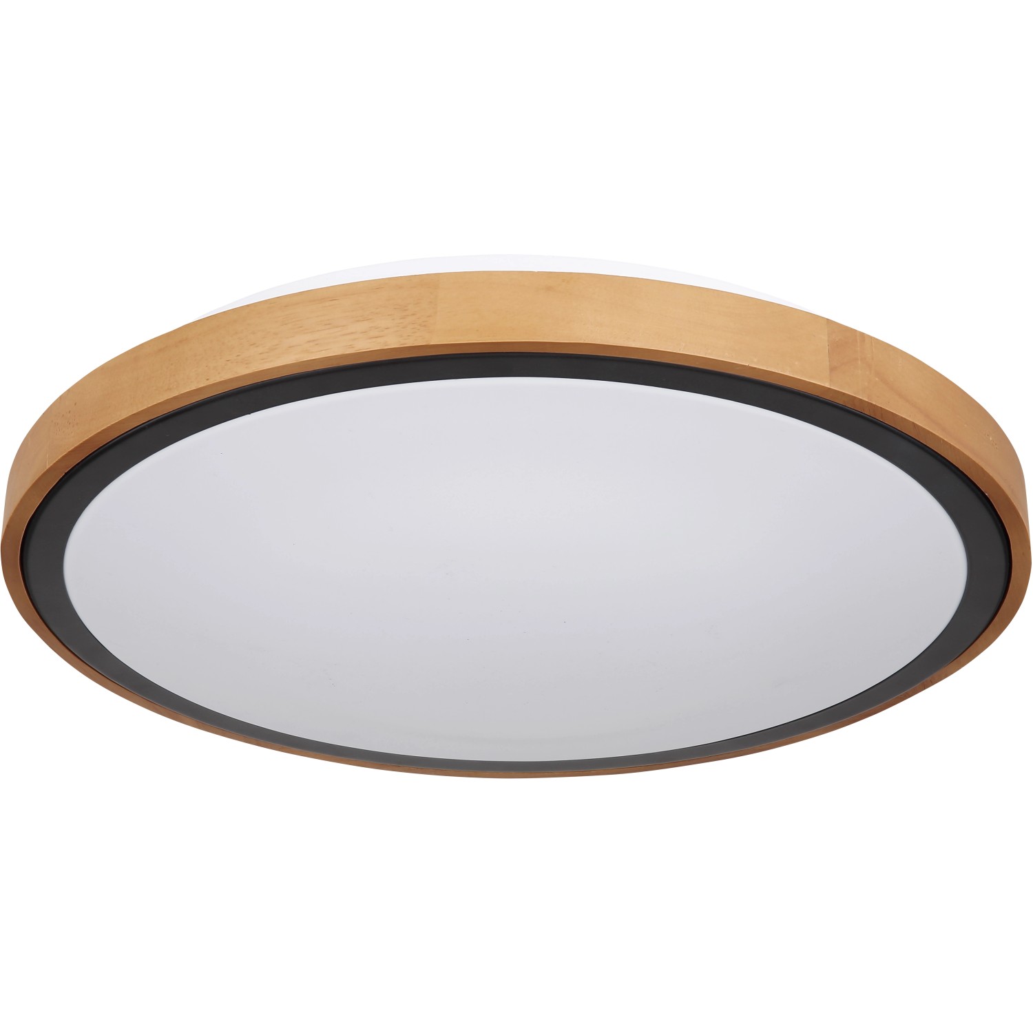 Runde LED-Deckenleuchte Bruno mit Holzrahmen und schwarzem Rand. Moderne Deckenlampe für Innenräume.