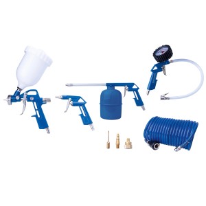Scheppach 8-teiliges Druckluft Zubehör-Set mit Farbspritzpistole, Reifenfüller und Schlauch.