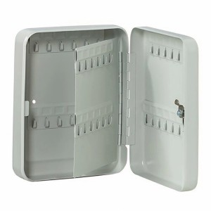 Offener, hellgrauer Burg Wächter Schlüsselkasten Favor KC 48 mit 48 Haken und Zylinderschloss.