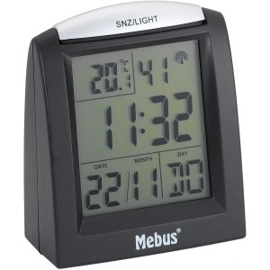 Schwarzer Mebus Funkwecker mit digitaler Anzeige von Uhrzeit, Datum und Innentemperatur.