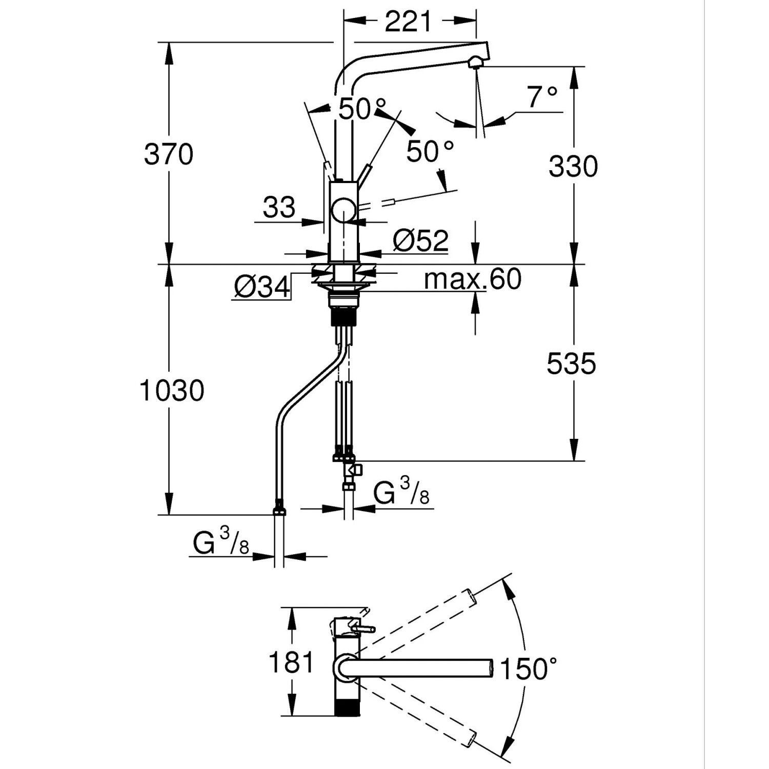 Technische Zeichnung: Grohe Blue Pure Minta Einhebelmischer, Armatur mit Maßen und Details.