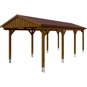 Skan Holz Carport Fichtelberg mit roten Schindeln und Nussbaum-Optik.