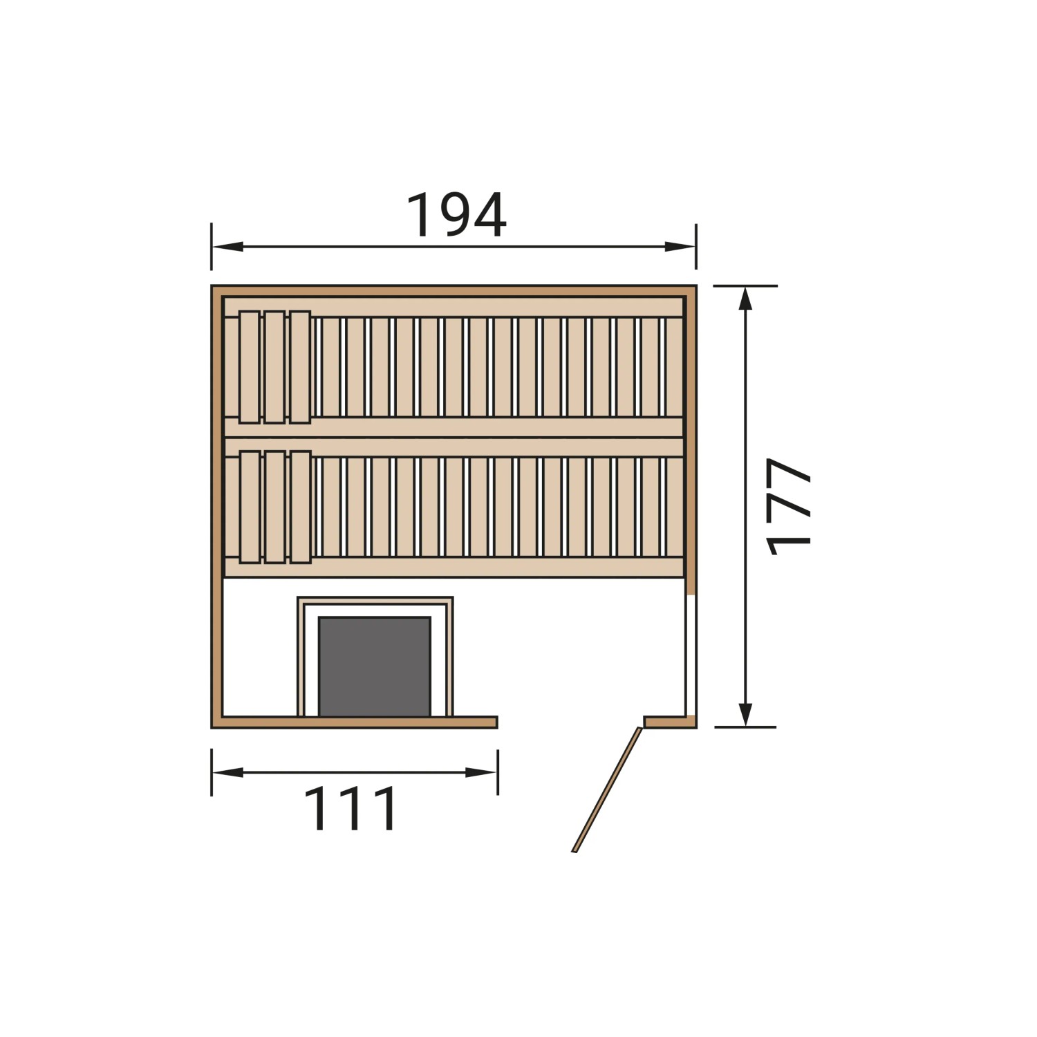 Grundriss der Weka Elementsauna Halmstad 2 mit Maßen und Türposition.