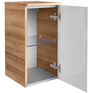 Fackelmann Bad-Hängeschrank Milano Asteiche, 31 cm breit, mit offener Tür und Glasboden.