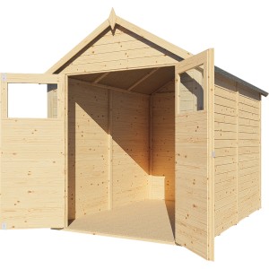 Offenes, naturbelassenes Holz-Gartenhaus Sylt von Bertilo, 180x238 cm, mit Doppeltür und Lichtausschnitten.