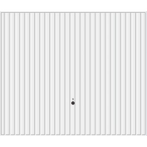 Hörmann Schwingtor Berry Pearlgrain, weißes Garagentor mit senkrechter Sicke.
