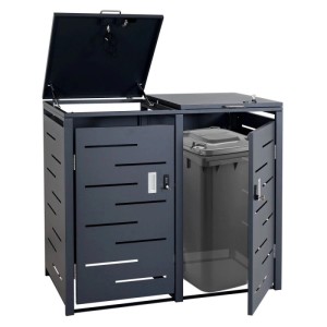 MCW Mülltonnenbox E83 für 2 Tonnen, anthrazitfarbener Stahl, mit geöffneten Türen und Deckel.