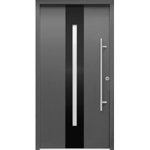 Moderne Sicherheits-Haustür ThermoSpace Dublin RC2 in Anthrazit mit Edelstahlgriff und Glaseinsatz.