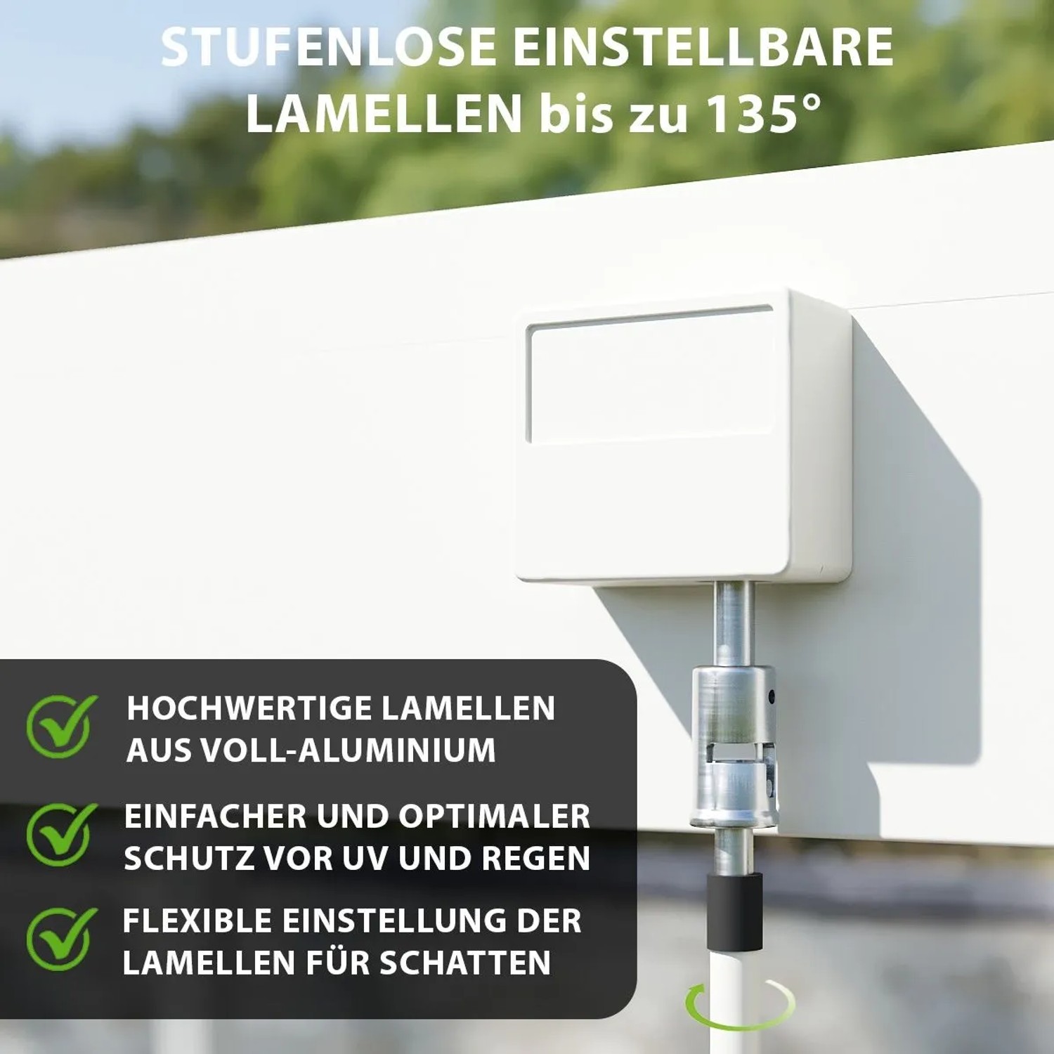 Elektrisch verstellbare Aluminium-Lamellen der Weide Deluxe Plus Terrassenüberdachung. Bietet UV-Schutz, Regenabdeckung und flexiblen Schatten.