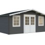 Palmako Gartenhaus Klara, 484x360 cm, dunkelgrau-weiß, mit Doppeltür und Fenstern.