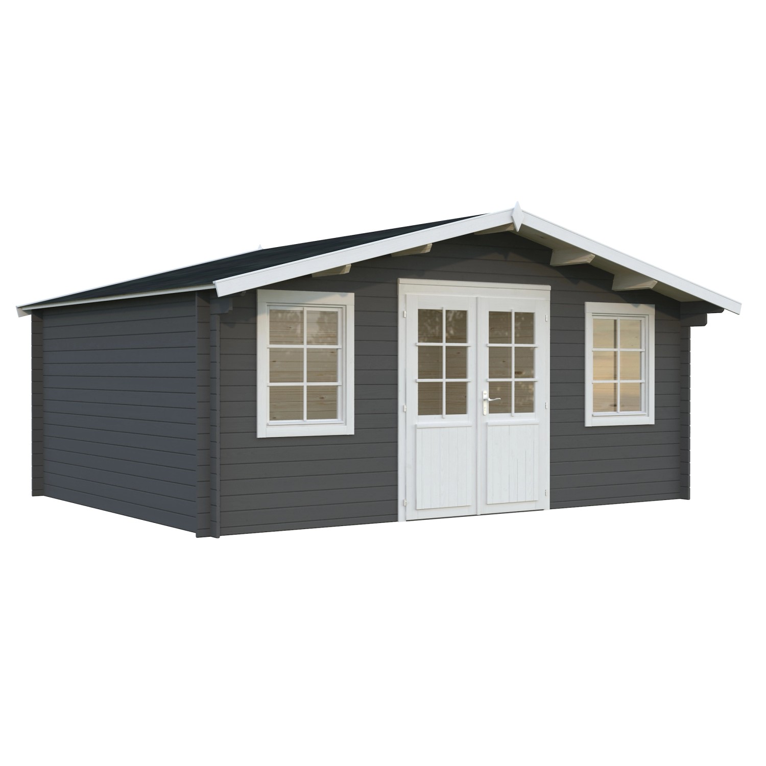 Palmako Gartenhaus Klara, 484x360 cm, dunkelgrau-weiß, mit Doppeltür und Fenstern.