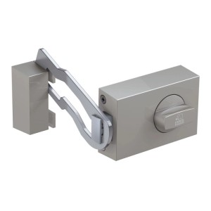 Basi Türzusatzschloss KS 500 in Silber mit eckigem Gehäuse, Drehknauf und geöffnetem Sperrbügel.