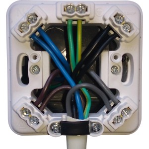 Offene, weiße OBI Herdanschlussdose mit farbigen Kabeln und Klemmen.