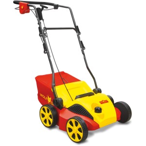 Wolf-Garten Elektro-Vertikutierer VA 346 E in Rot und Gelb mit Fangkorb.