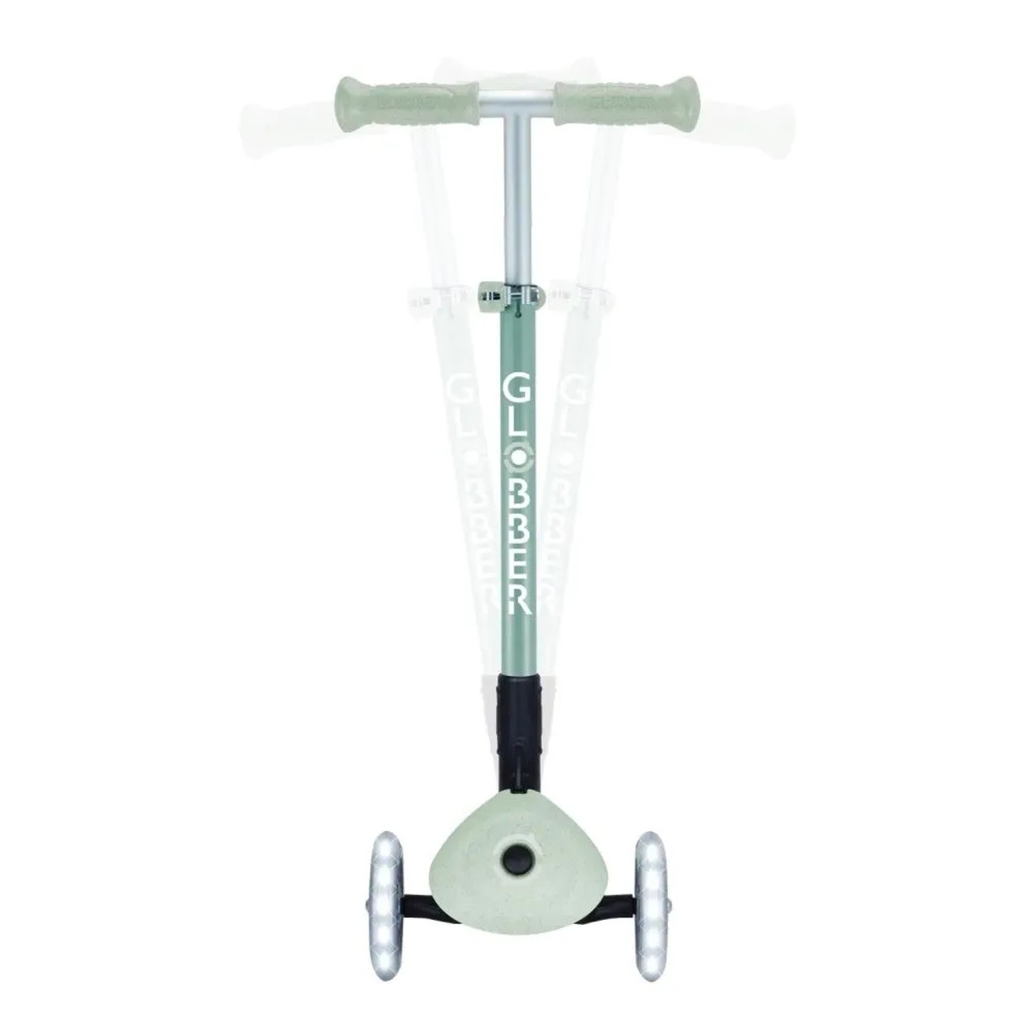 Globber Primo Foldable Lights Tretroller in Pistazie. 3-rädrig, höhenverstellbar, mit leuchtenden LED-Rollen für Kinder.
