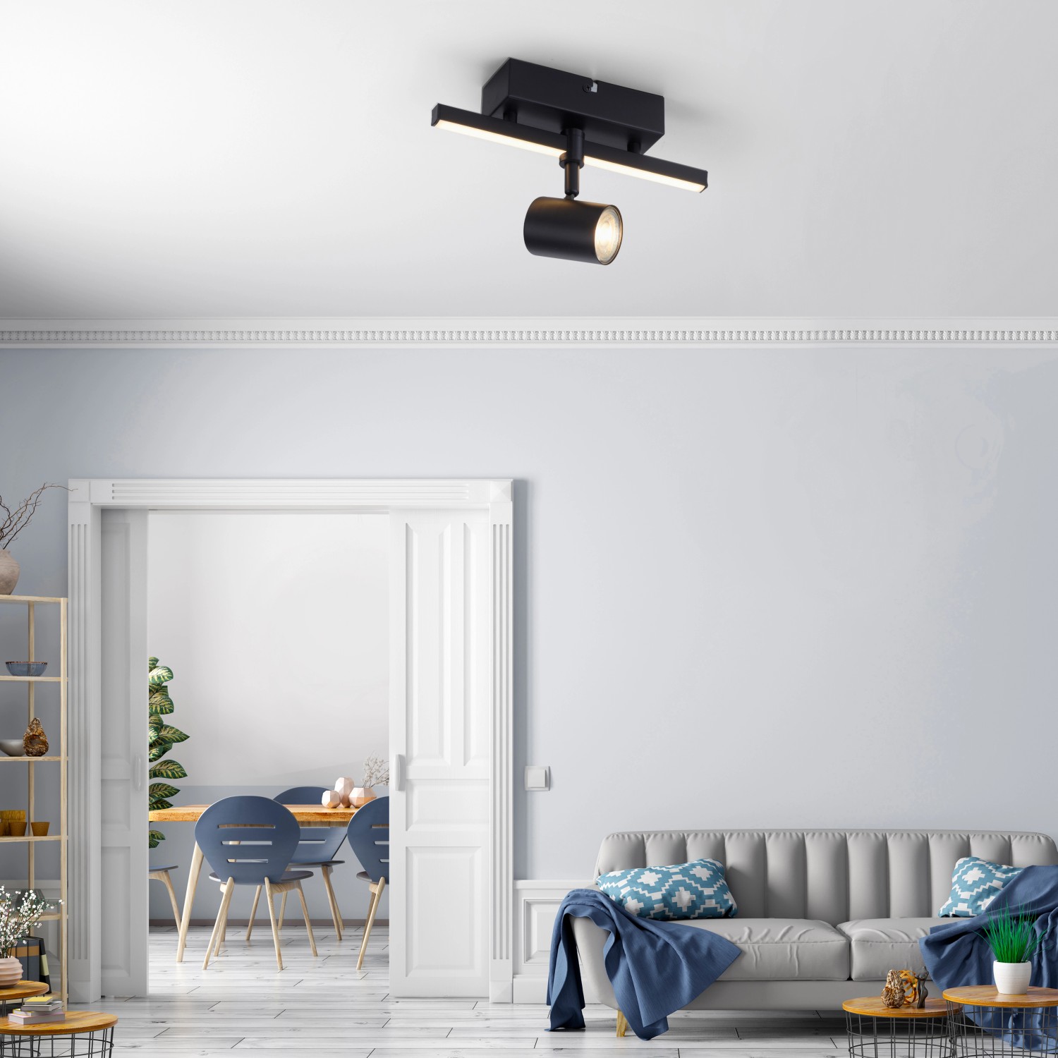 Schwarze Paul Neuhaus LED Deckenleuchte Barik mit Spot und LED-Leiste, montiert an einer Zimmerdecke.