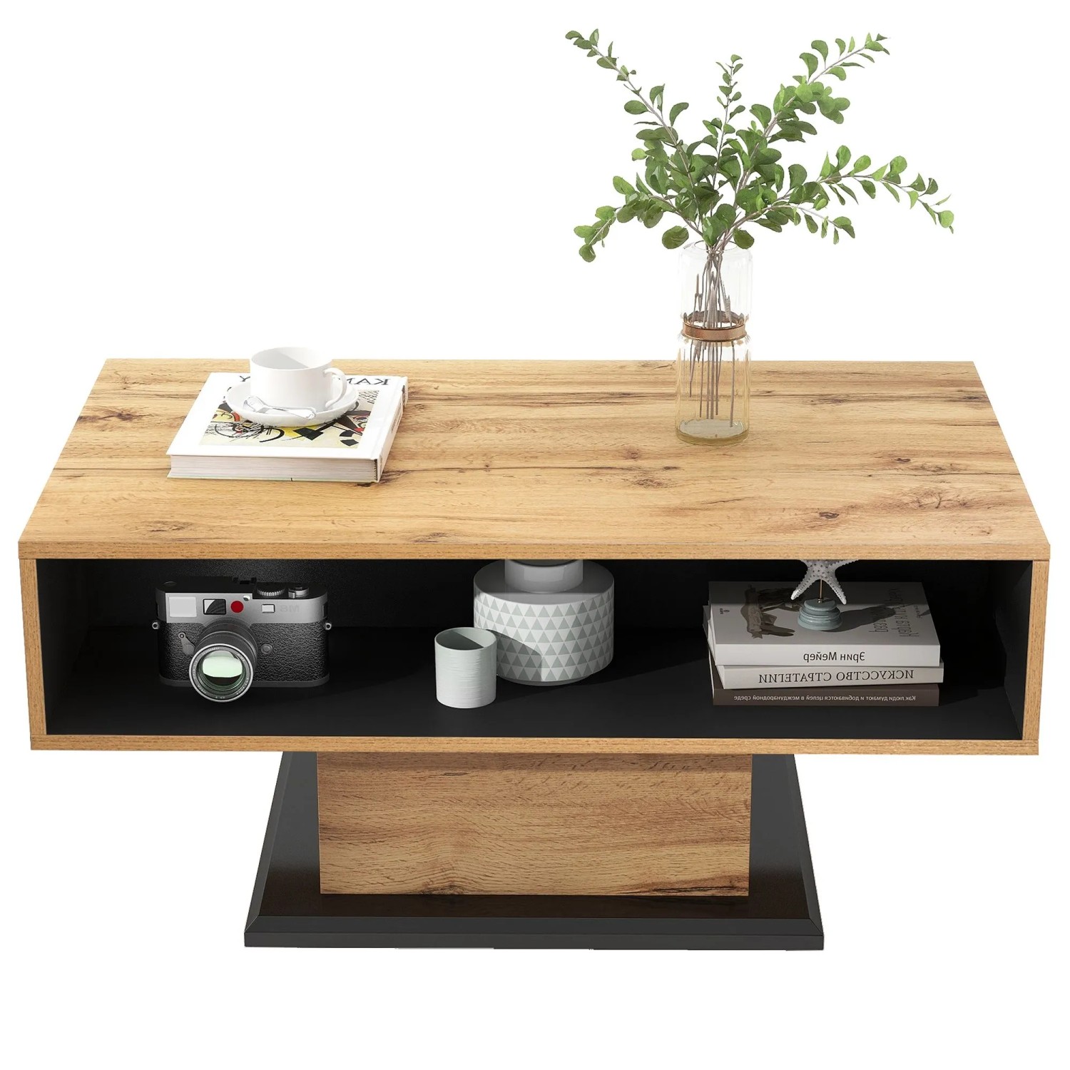 Rechteckiger Couchtisch 100x60 cm mit Eichenholzmaserung, schwarzem Korpus, Schublade und offenem Staufach.