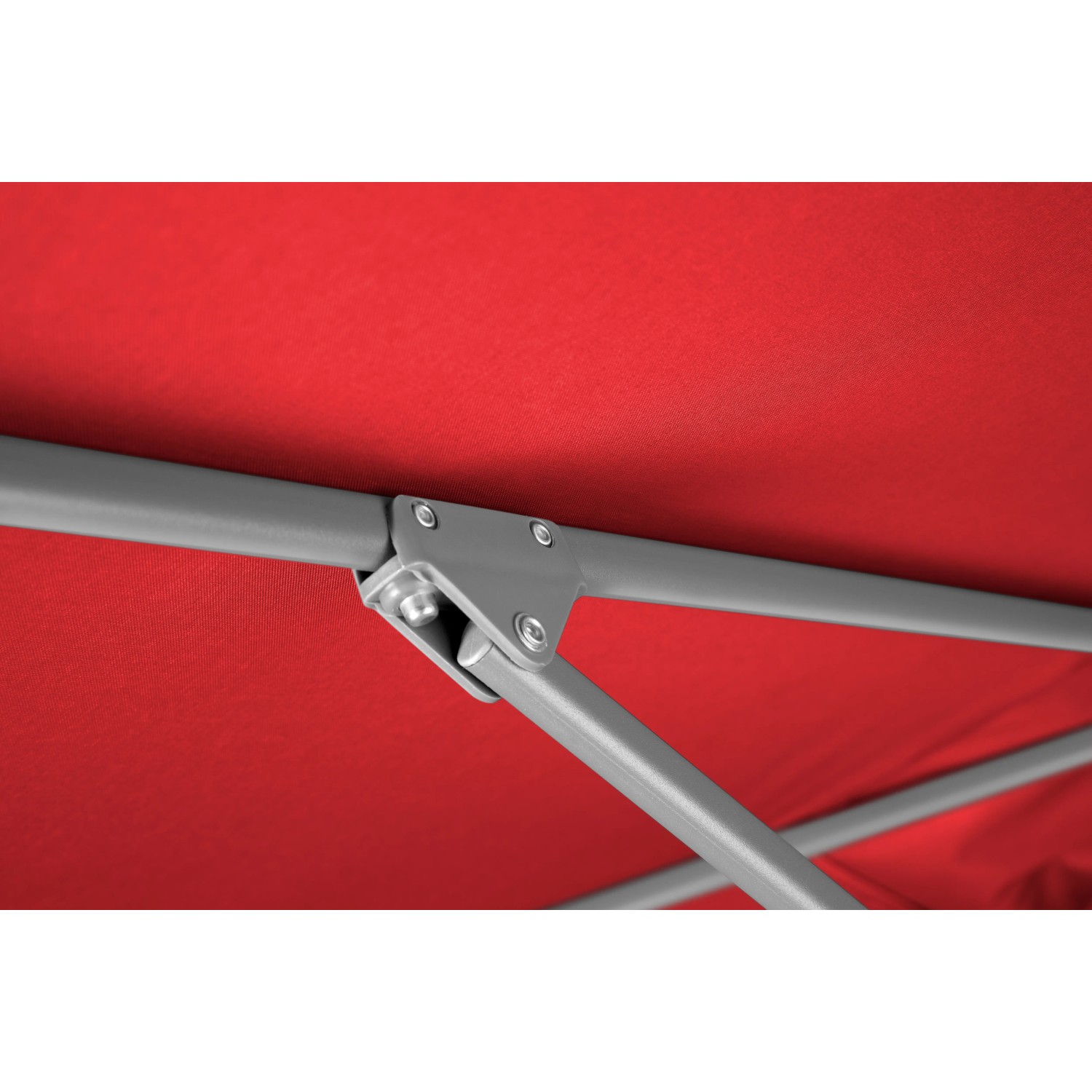 Detailaufnahme: Roter Schneider Marktschirm (300x200 cm) mit Knickfunktion, Fokus auf Gelenk.