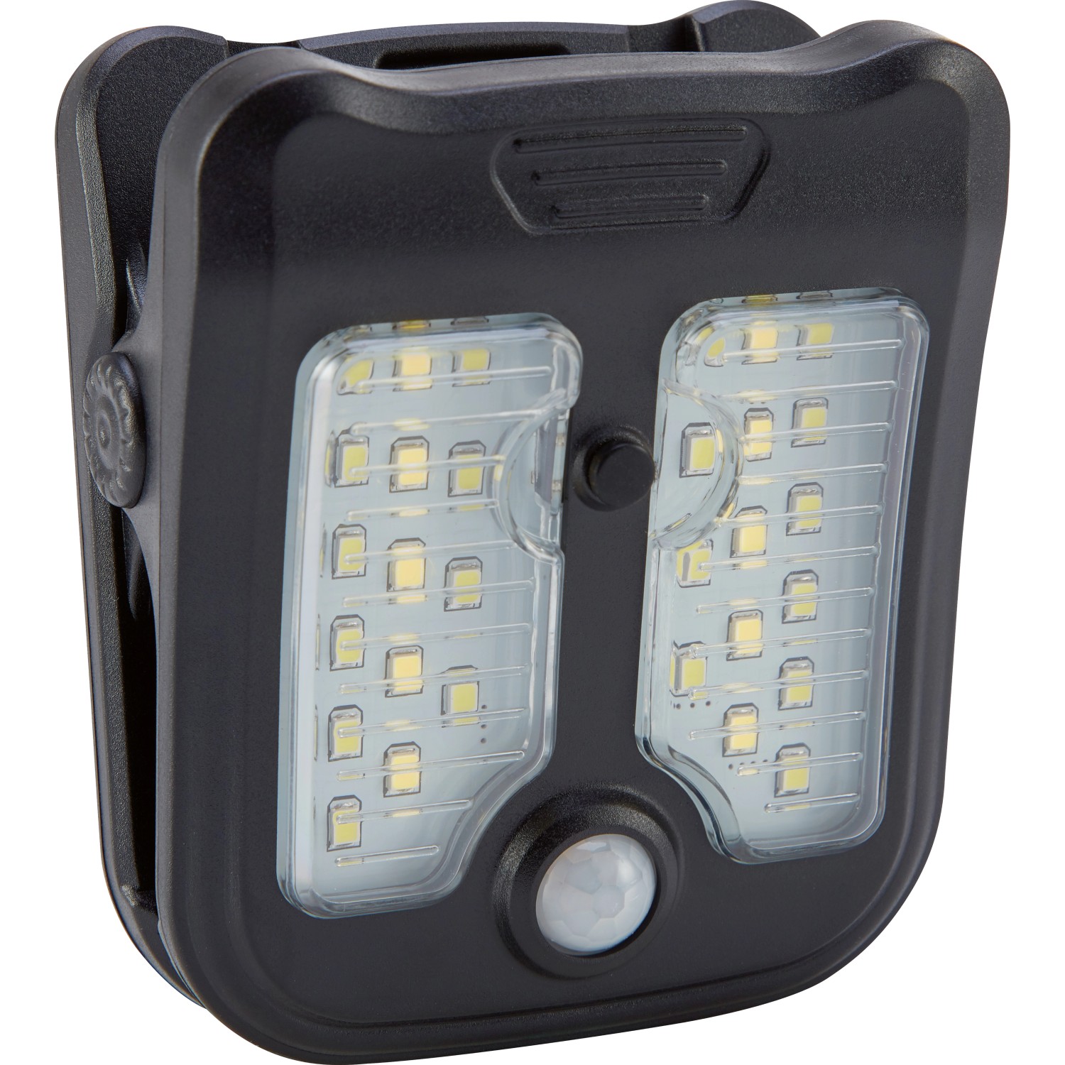 Schwarze Solar LED Gartenleuchte mit Clip-on und Bewegungsmelder.