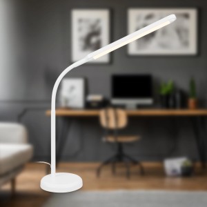 Weiße Brilo LED-Tischleuchte Mura mit Touchdimmer und schwenkbarem Kopf, 36,6 cm hoch.