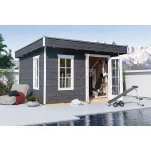 Modernes, schiefergraues Skan Holz Gartenhaus Breda mit Flachdach und Fitnessgeräten.