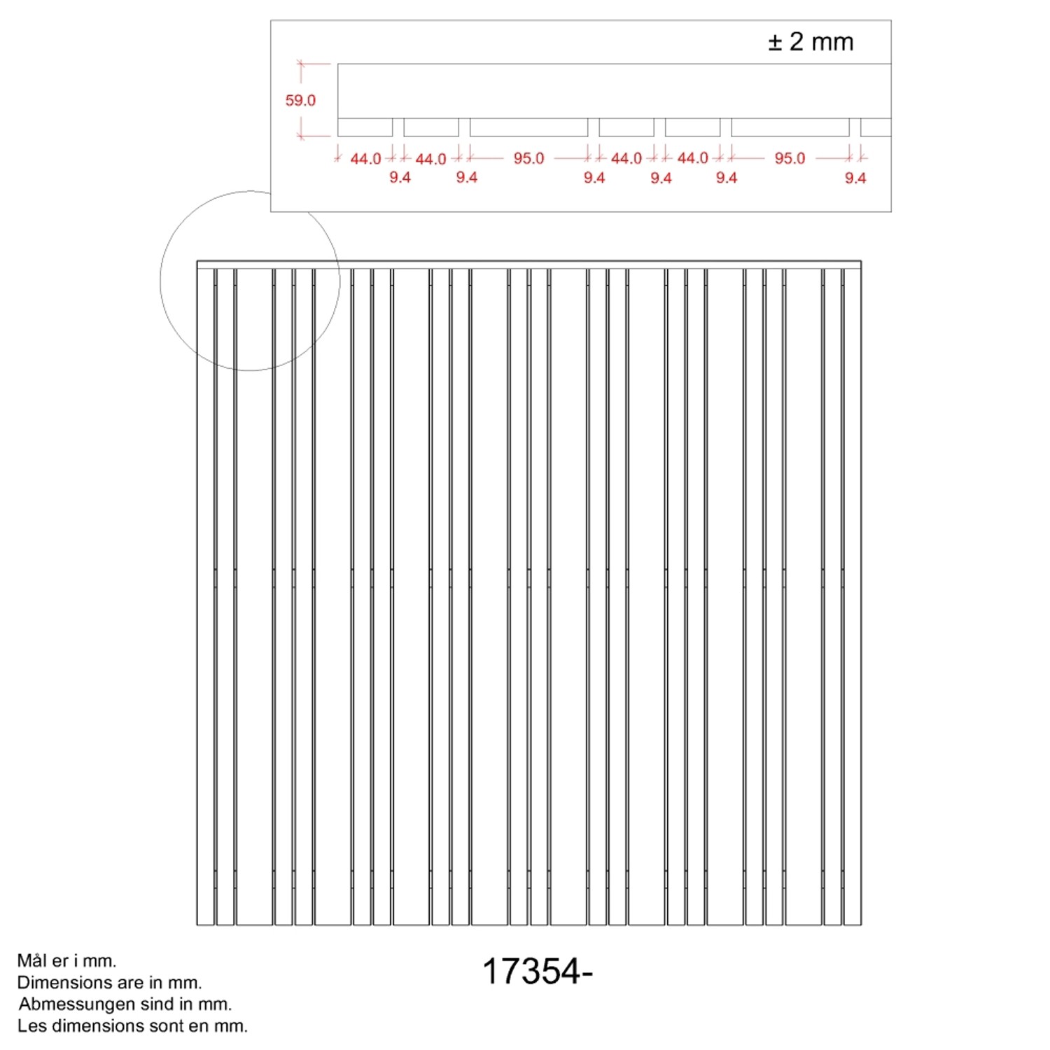 Technische Zeichnung eines schwarzen Sichtschutzzauns aus Nadelholz mit Maßangaben.
