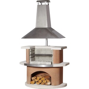 Buschbeck Grillkamin Kampen Terracotta-Weiß mit Edelstahlhaube und Holzscheiten.