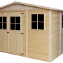 Timbela Holz Gartenhaus M335+M335G, 9 m², mit Fenstern und Boden. Unbehandeltes Holz mit Doppeltür und Fenstern.