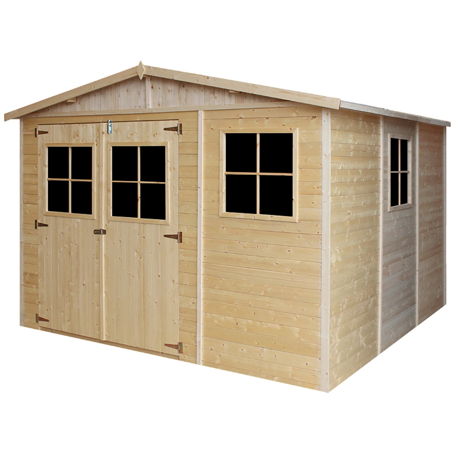 Timbela Holz Gartenhaus M335+M335G, 9 m², mit Fenstern und Boden. Unbehandeltes Holz mit Doppeltür und Fenstern.