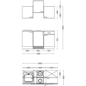 Skizze der Flex-Well Singleküche Pinea 150 cm in Pinie Nougat/Champagner mit Maßangaben.