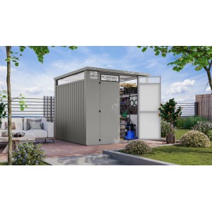 Karibu Metallgerätehaus Amato 2 in Graualuminium mit geöffneter Tür und Werkzeug im Inneren.