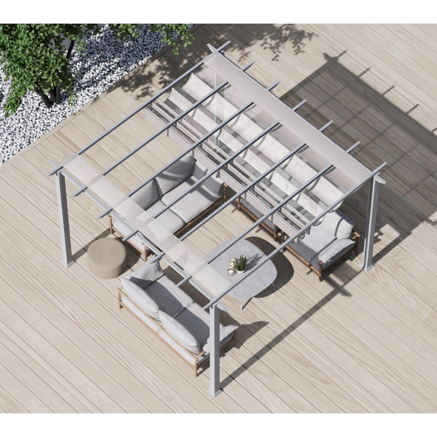 Weißer Pavillon Pergola Gazebo Florida mit Sonnensegel und Sitzgruppe im Garten.