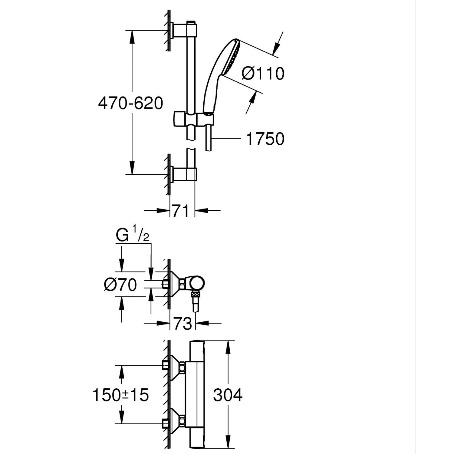 Technische Zeichnung: Grohe Precision Start Thermostat-Brausebatterie mit Maßen.