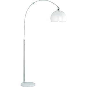 Elegante Bogenleuchte Chrom mit weißem Schirm und Marmorfuß. Stilvolle Bogenlampe für Wohnräume.