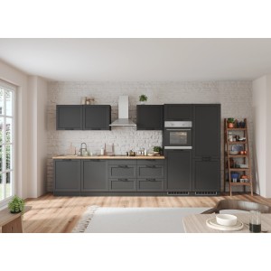 Moderne Küchenzeile Kempten 360 cm in Grau/Graphit ohne E-Geräte.