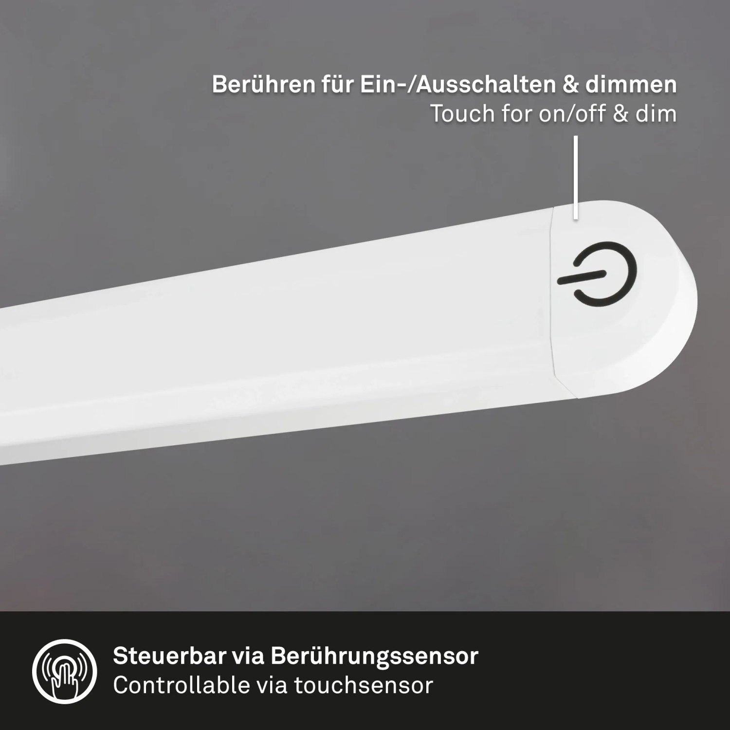 Detailaufnahme: Weiße Brilo LED-Tischleuchte Pivaz mit Touch-Funktion zum Dimmen.