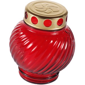 Rote Grablampe Iglesia C aus Glas mit goldfarbenem Deckel und weißer Kerze.