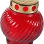 Rote Grablampe Iglesia C aus Glas mit goldfarbenem Deckel und weißer Kerze.