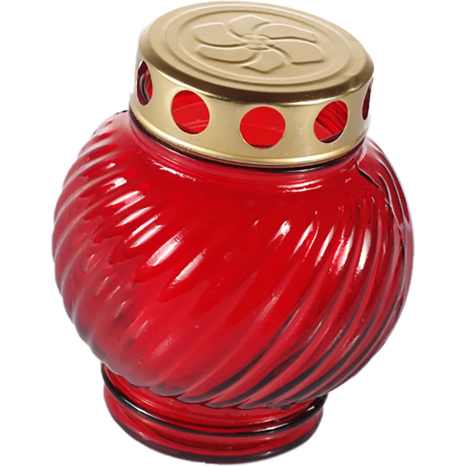 Rote Grablampe Iglesia C aus Glas mit goldfarbenem Deckel und weißer Kerze.