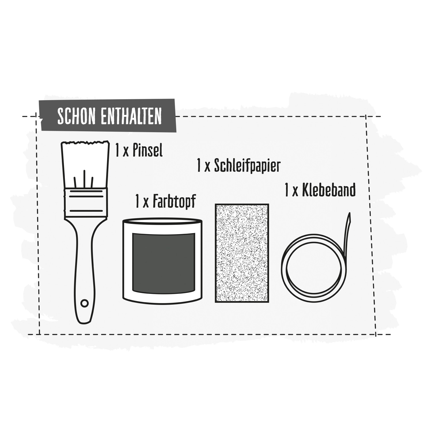 CREATE! by OBI DIY Farb-Set Graphit: Pinsel, Farbtopf, Schleifpapier und Klebeband.