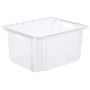 Transparente Rotho Drehstapelbox Reverso 46L, Aufbewahrungsbox mit Tragegriffen.
