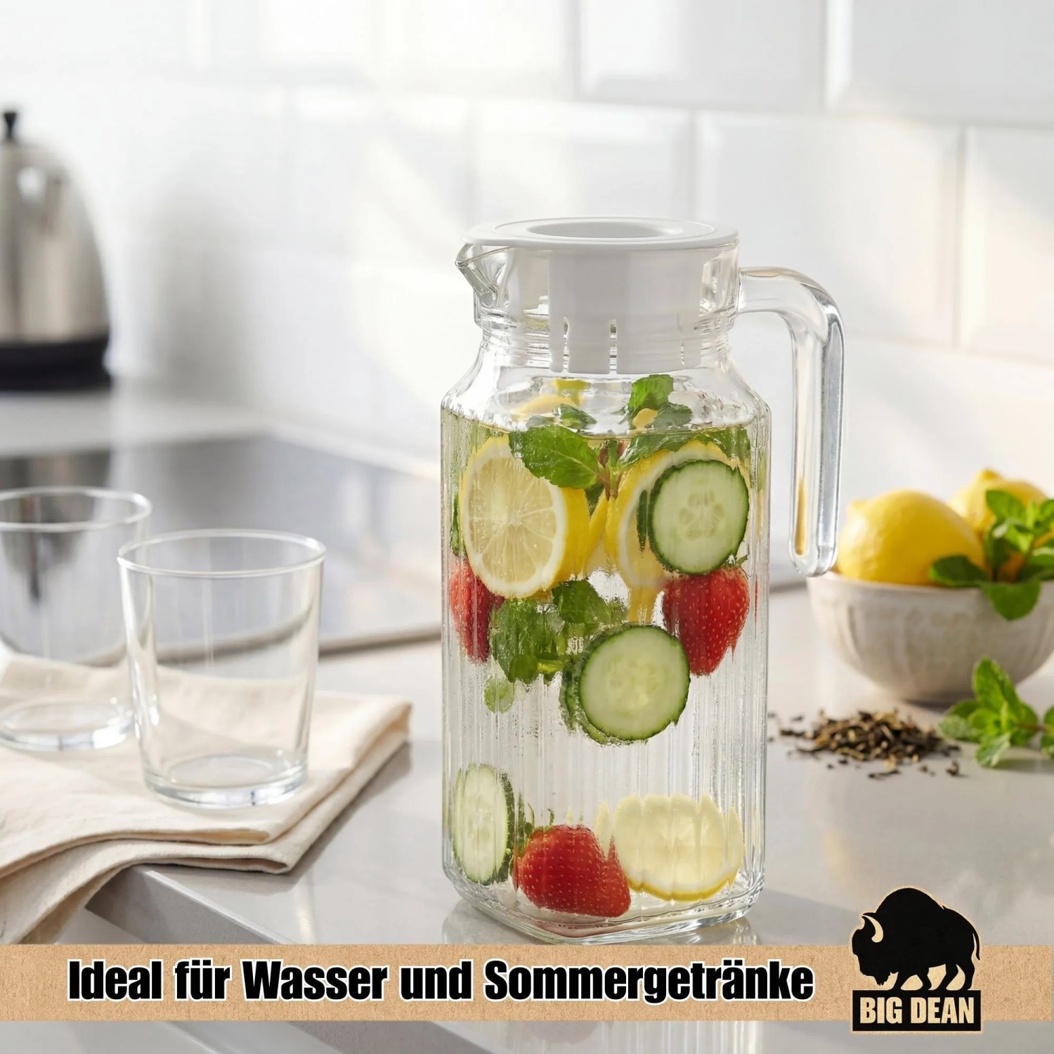 BigDean Kühlschrankkrug 1,1 Liter Glas Wasserkrug Mit Deckel Ergonomischer Griff kaufen bei OBI
