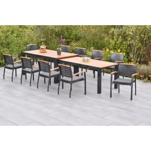 Merxx Tinos Gartenmöbel-Set mit Ausziehtisch und 10 Stühlen mit grauen Kissen.